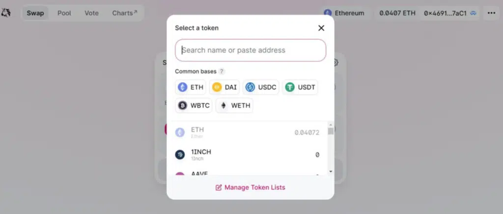 Search for names or paste addresses to swap tokens.