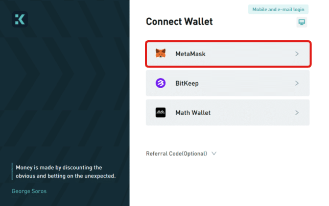 Connect Metamask to get started with Kine DEX.