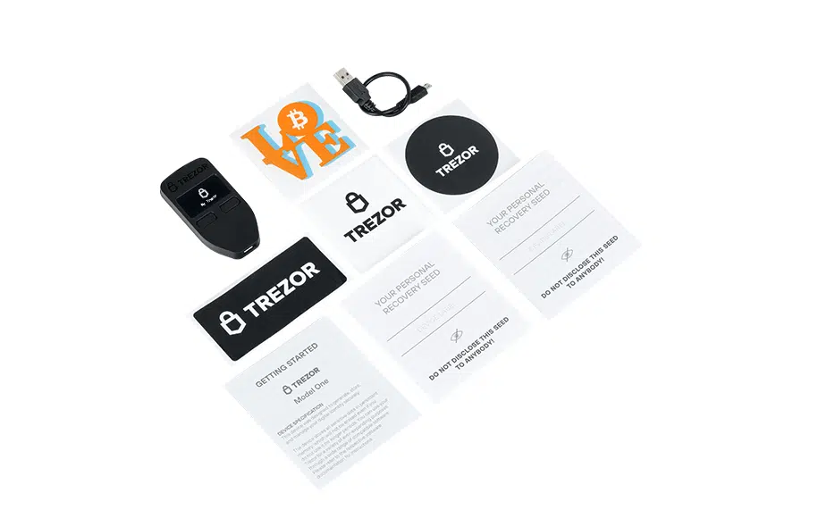 Trezor Model One packaging contents. 