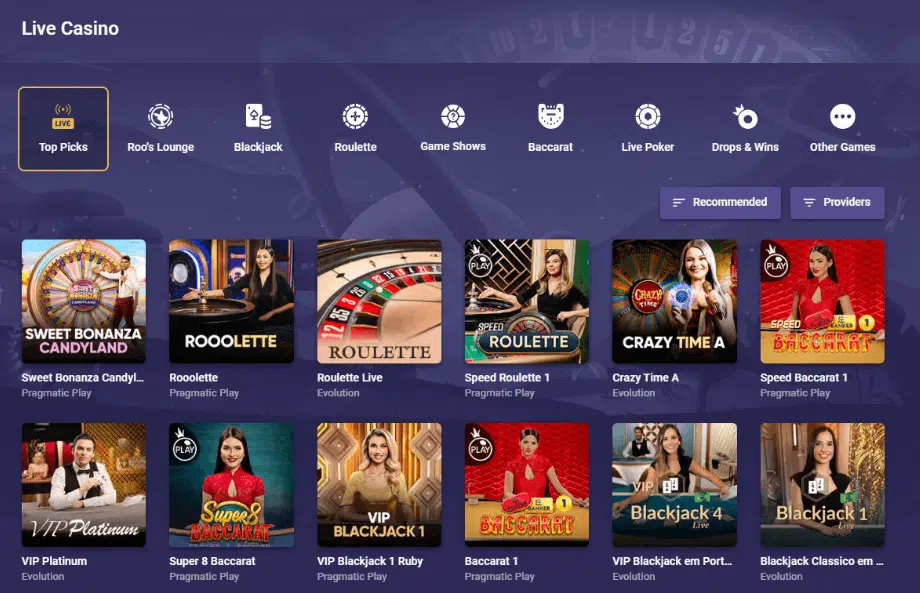 Live games at Roobet online casino.