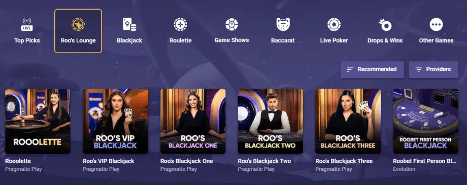 Kos deg i Roo's Lounge på Roobets nettside.