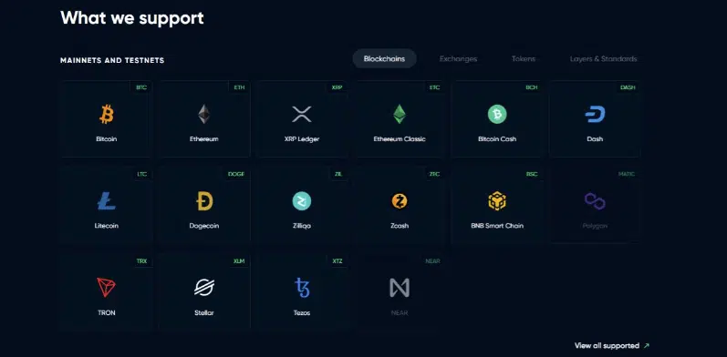 Supported blockchains on Crypto APIs.