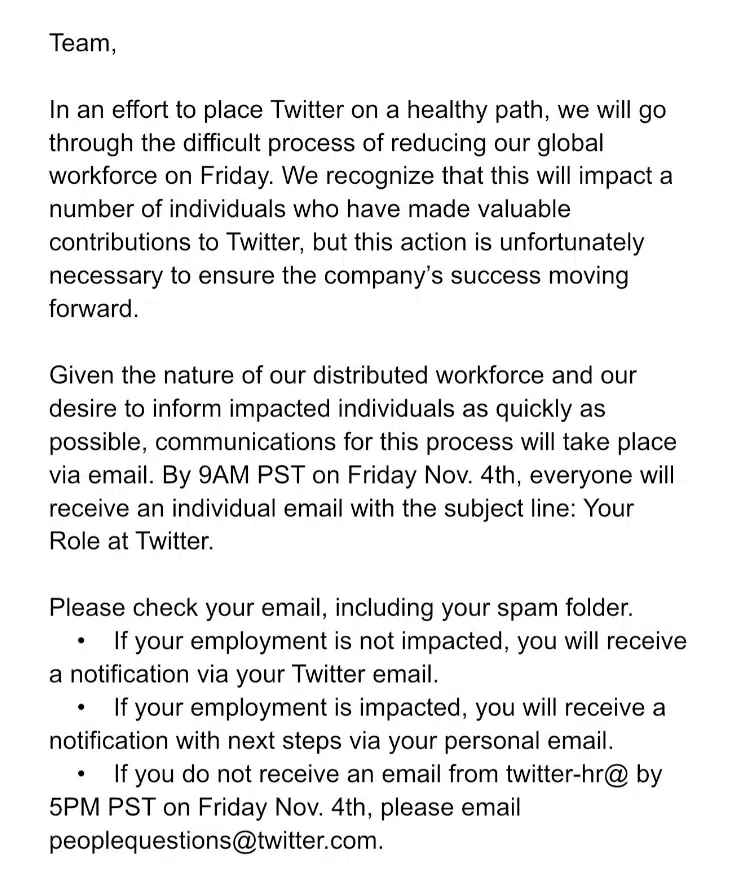 X (then Twitter) official email of the decision for a mass lay-off