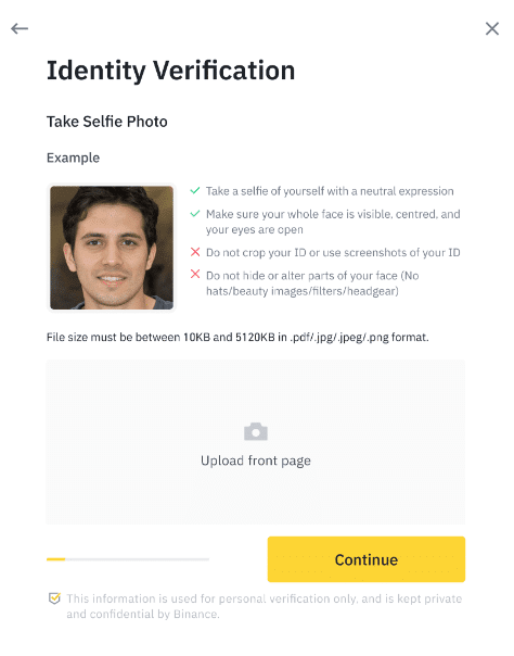 Submitting a selfie for Binance KYC