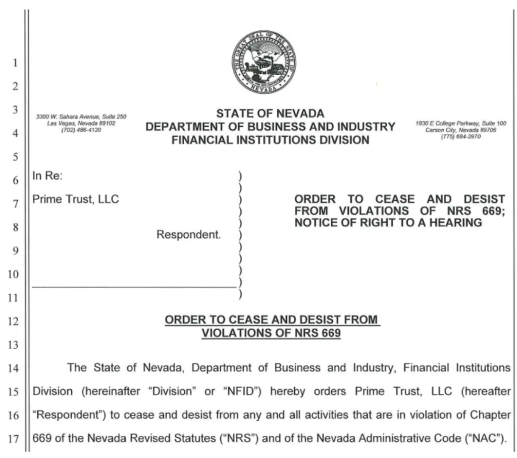 Prime Trust Was Issued A Cease and Desist Order Earlier