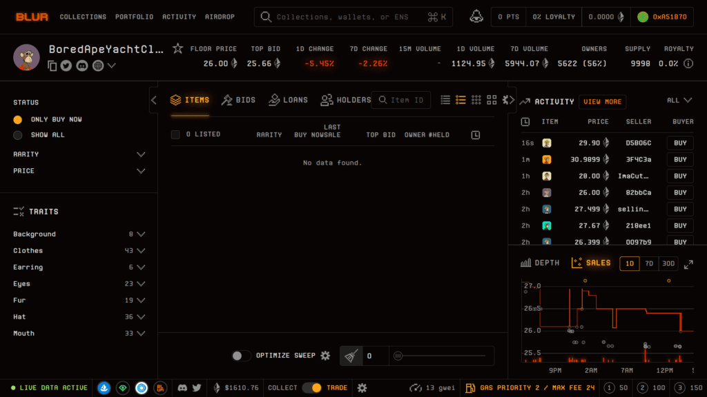 Blur NFT marketplace interface.