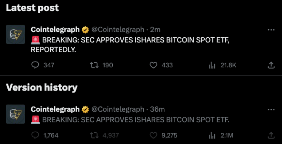 Cointelegraph changing the original tweet