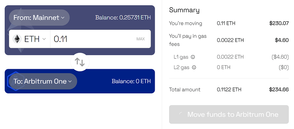 Moving ETH from Ethereum Mainnet to Arbitrum One.