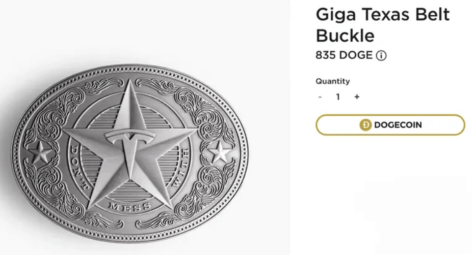 Tesla Merchandise can be bought with Dogecoin.