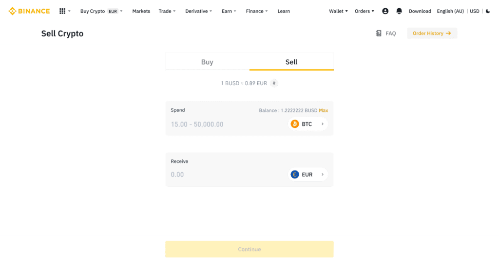 Binance sell option.