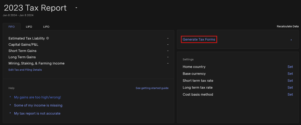 You can generate tax forms inside TokenTax.