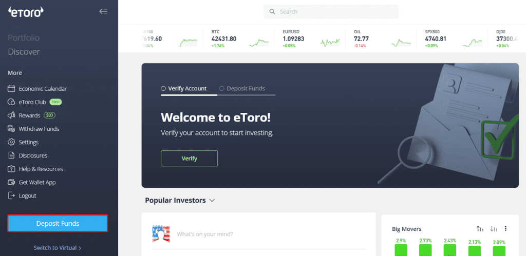 Depositing funds on eToro.