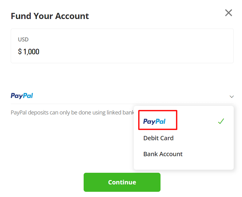 Funding an eToro account with PayPal.
