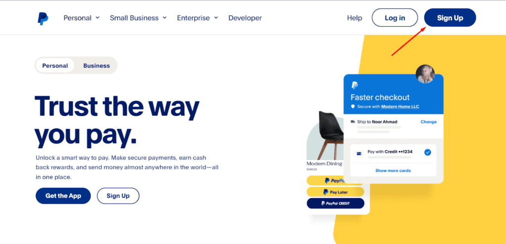 PayPal homepage.