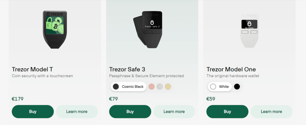 Range of secure hardware wallets for cryptocurrency storage Trezor