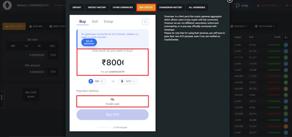 Buy crypto with Fiat on CryptoGames