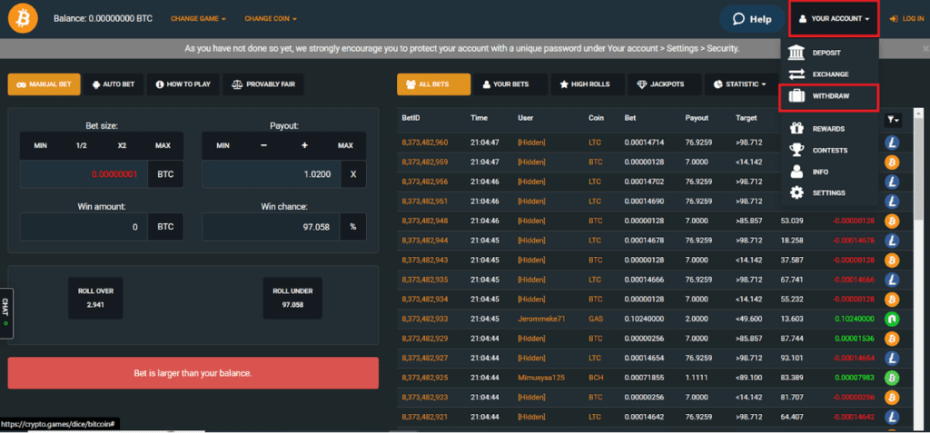 CryptoGames’ main dashboard