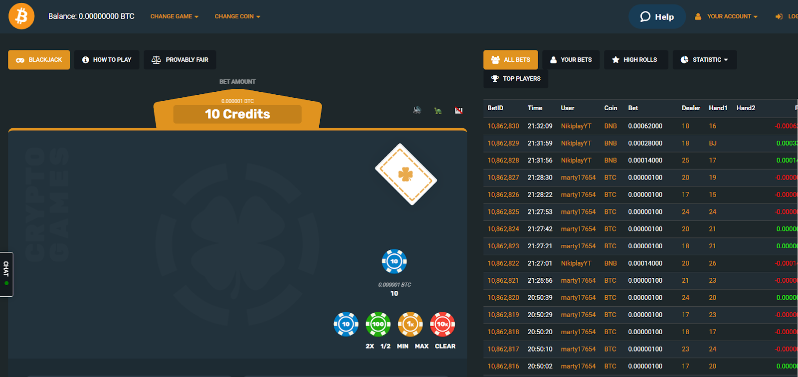 Blackjack on CryptoGames