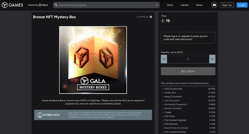 NFT mystery box listing on the Gala Games website