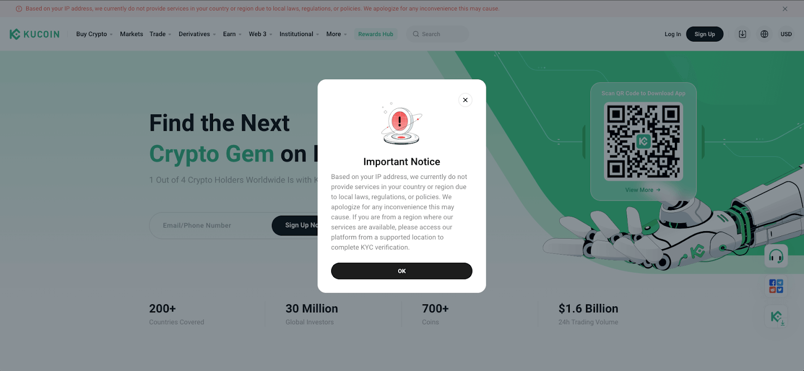 fiat to crypto exchange flags a banned region IP