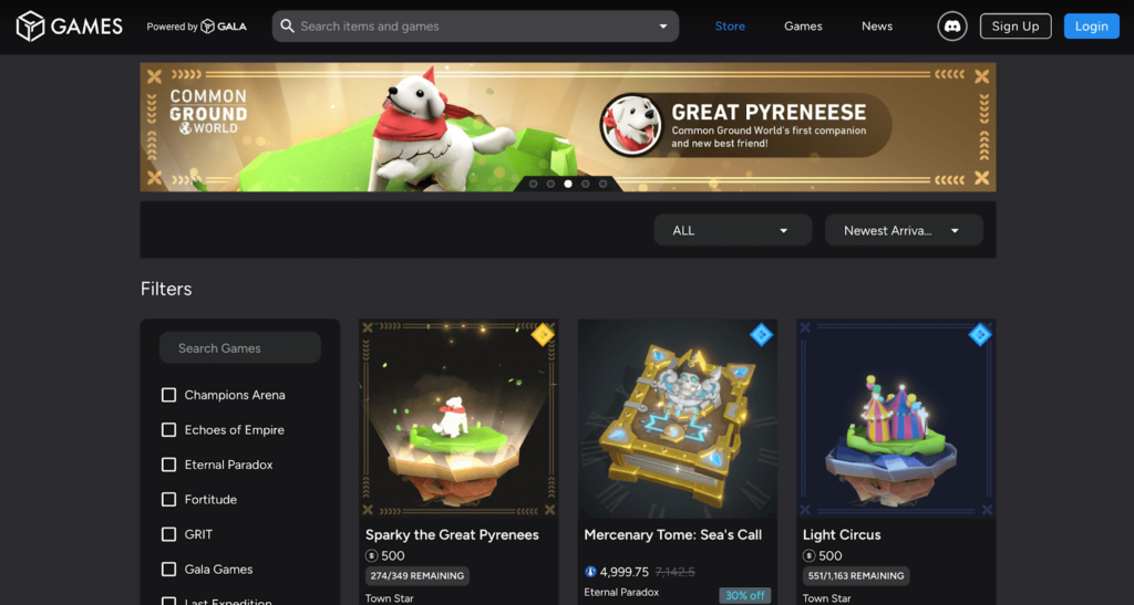 The Gala Games store, displaying current listings of items and NFT mystery boxes.