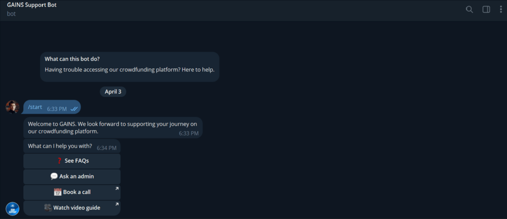 Telegram Support on Gains Launchpad