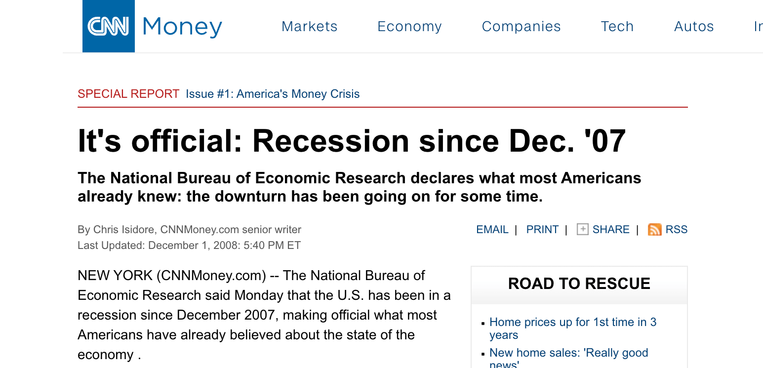 Headline about the 2008 global recession from CNN.