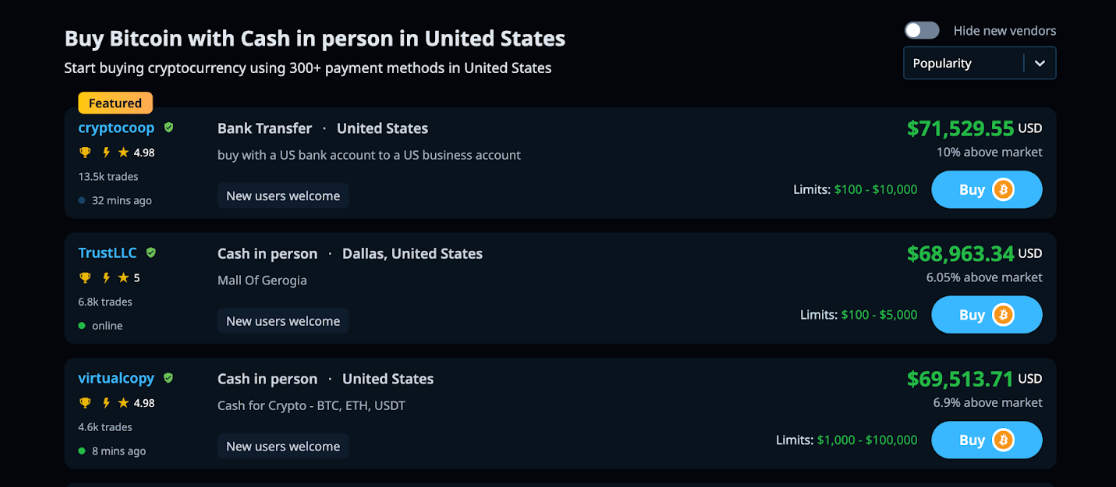 LocalCoinSwap is one P2P platform that supports buying Bitcoin P2P with cash