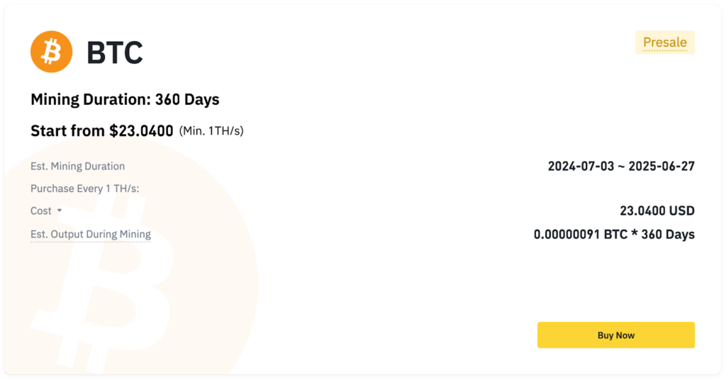 Binance Fixed-Term BTC Cloud Mining Contract