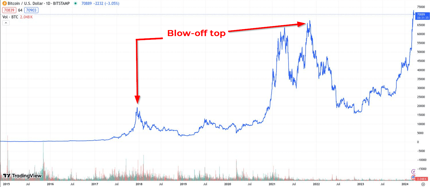 Bitcoin tops in the past bull markets